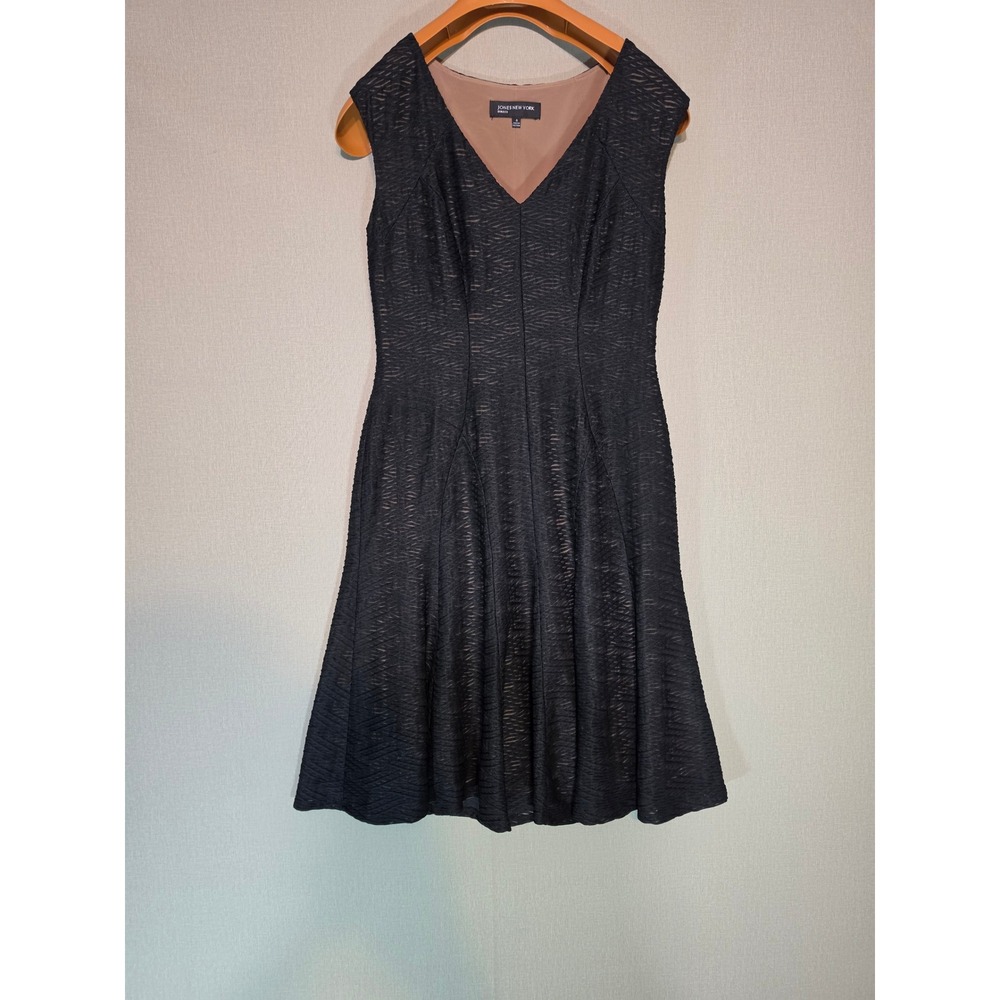 Jones New York Dress Womens 4 Black Textured Mesh V-Neck Fit & Flare Sleeveless